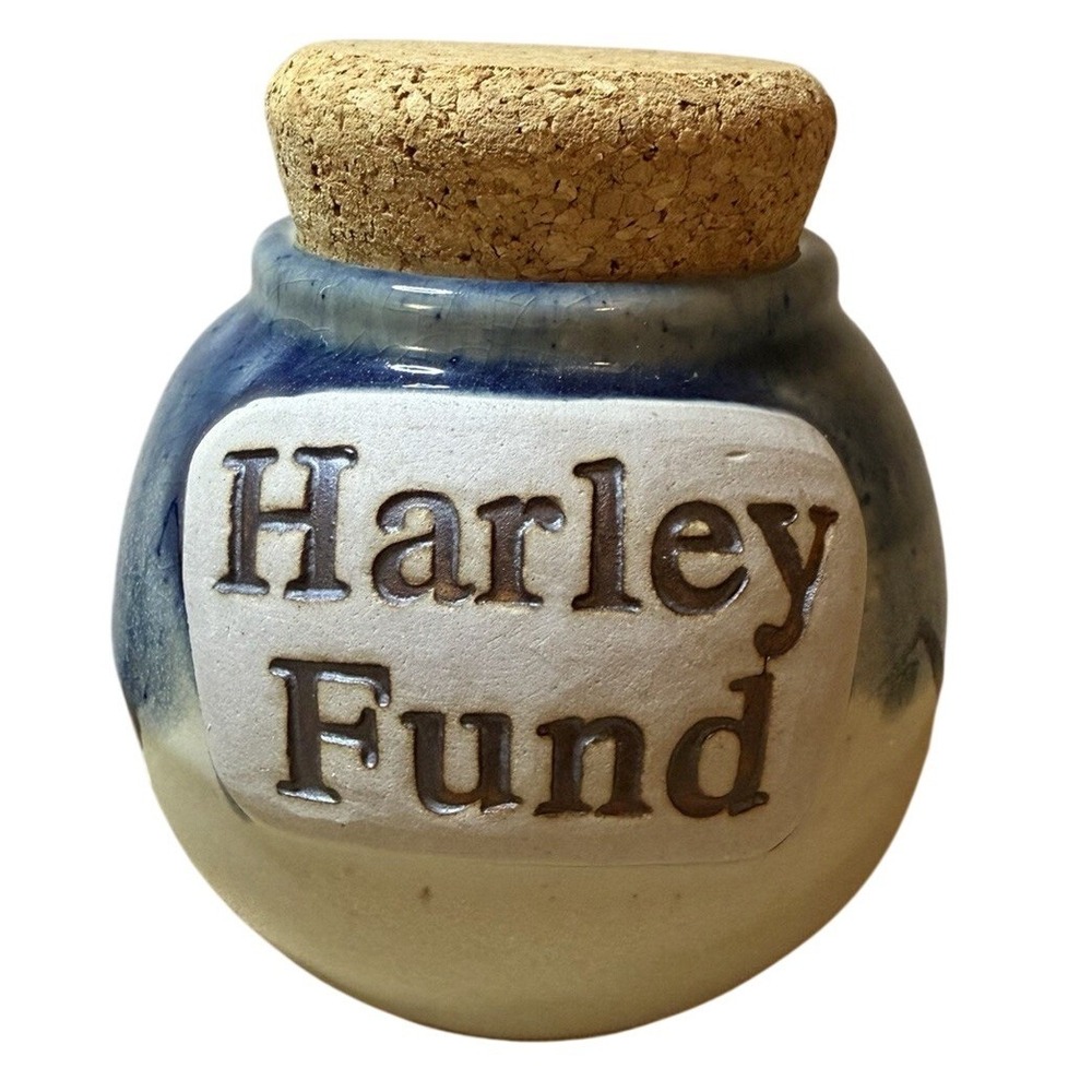 Harley Fund Tumbleweed Pottery Stoneware Jar Blue Crackle Glaze Cork Lid NC Made